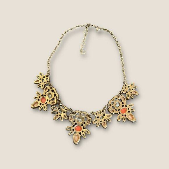 J Crew Coral Mint Peach Rhinestone Cabochon Chunky Statement Necklace Gold Tone - Picture 3 of 4
